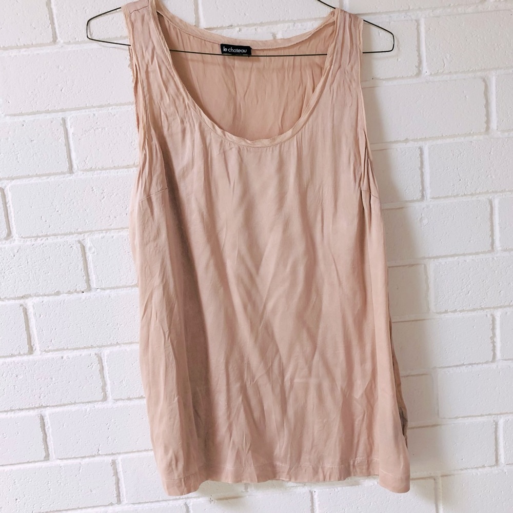 Silk Blush Pink Peach Flowy Sleeveless Tank Top Lace Edge Stretch L or XL